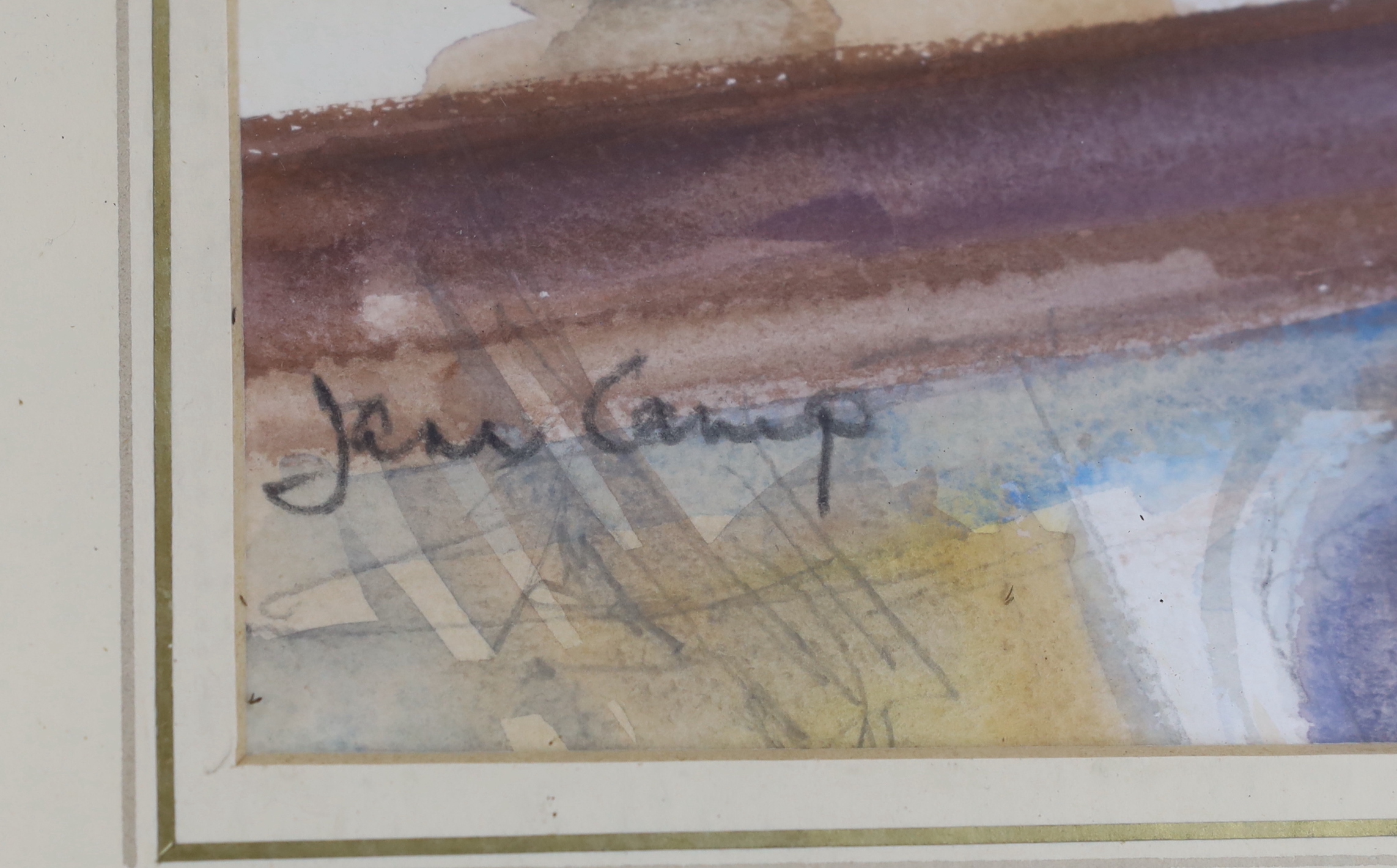 Jane Camp, watercolour, Pelargoniums on a window sill, signed, 32 x 26cm